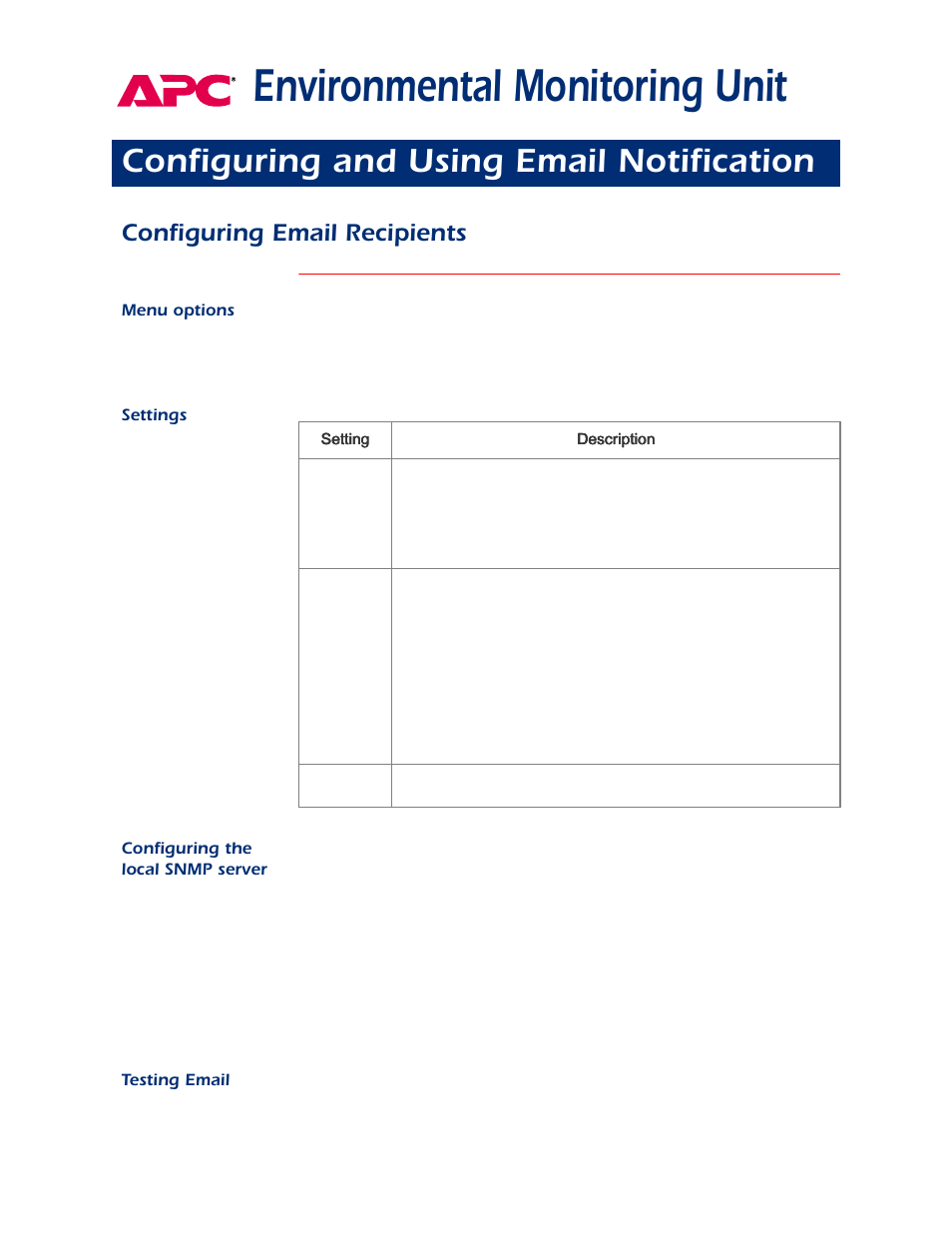 Configuring and using email notification, Configuring email recipients, Menu options | Settings, Configuring the local snmp server, Testing email, Configuring, Configuring email, Environmental monitoring unit | APC AP9312TH User Manual | Page 25 / 32