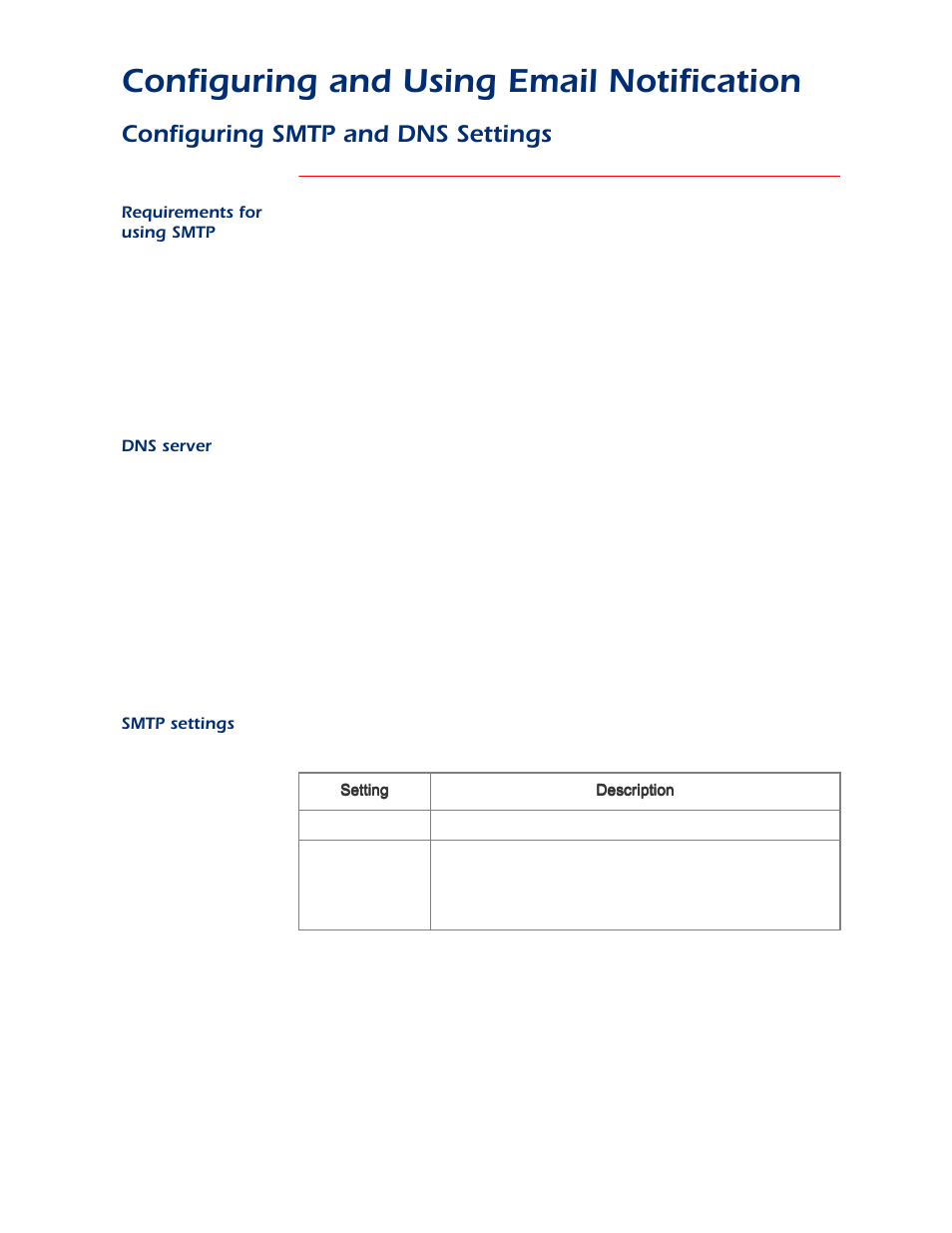 Configuring smtp and dns settings, Dns server, Smtp settings | Configuring and using email notification | APC AP9312TH User Manual | Page 26 / 32