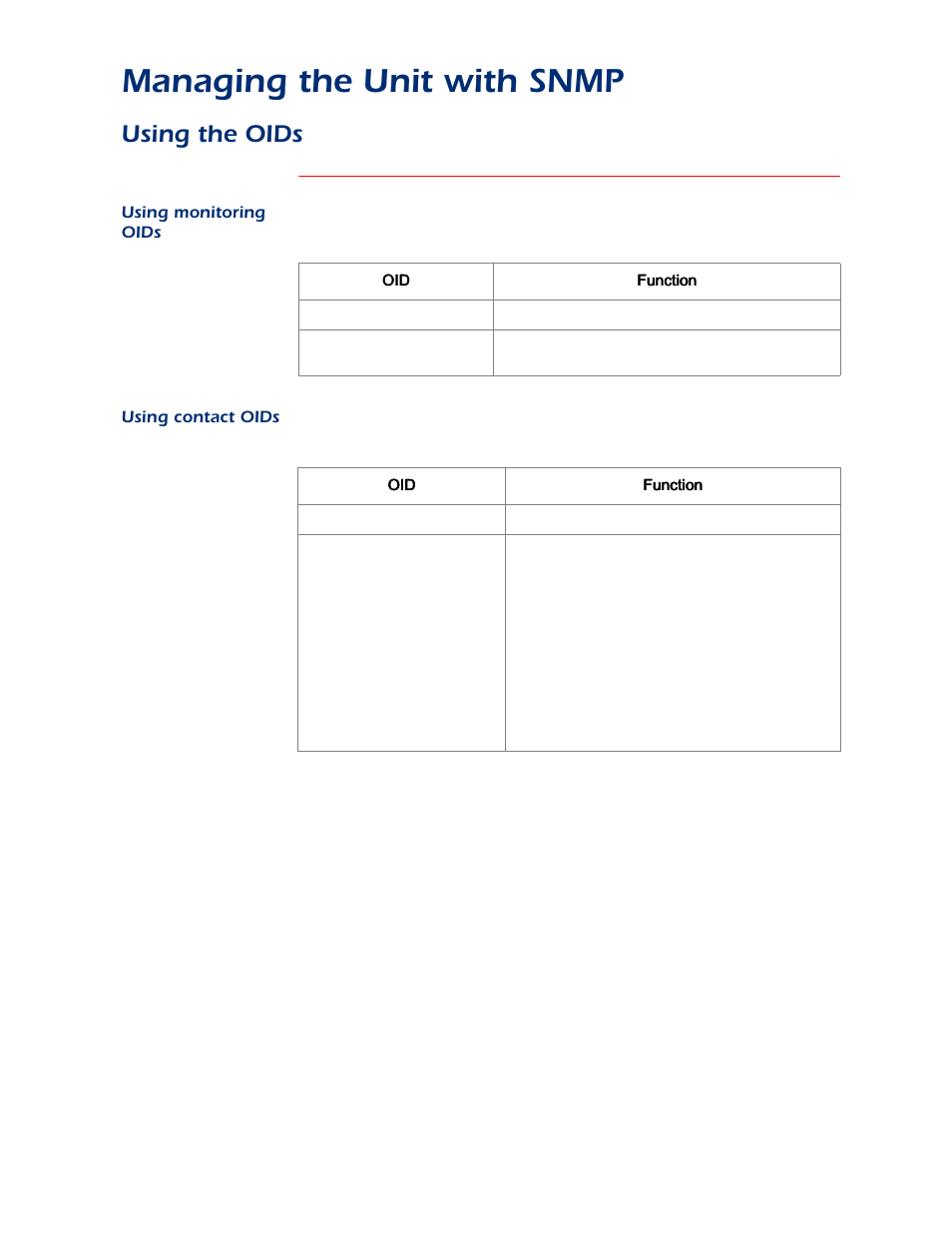 Using the oids, Using monitoring oids, Using contact oids | Managing the unit with snmp | APC AP9312TH User Manual | Page 28 / 32