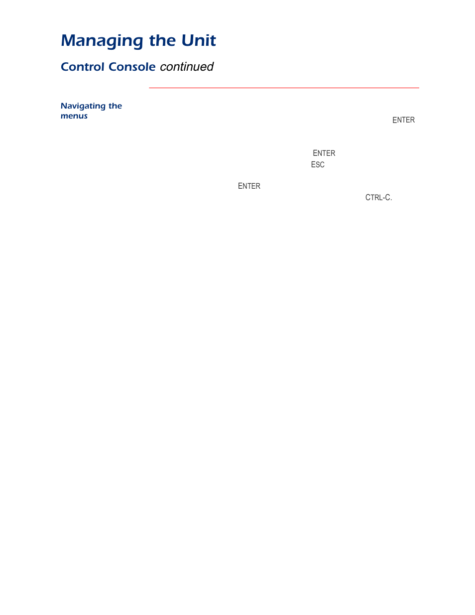 Navigating the menus, Managing the unit, Continued | Control console | APC AP9312TH User Manual | Page 9 / 32