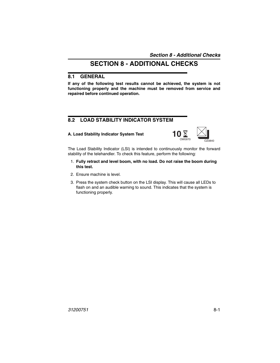 Section 8 - additional checks, 1 general, 2 load stability indicator system | T. see section 8 - additional, Checks | Deutz-Fahr Agrovector 25.5 User Manual | Page 127 / 144