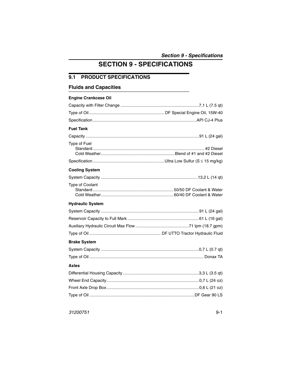 Section 9 - specifications, 1 product specifications, Fluids and capacities | 1 product specifications -1, Fluids and capacities -1, Nd section 9 - specifications | Deutz-Fahr Agrovector 25.5 User Manual | Page 129 / 144