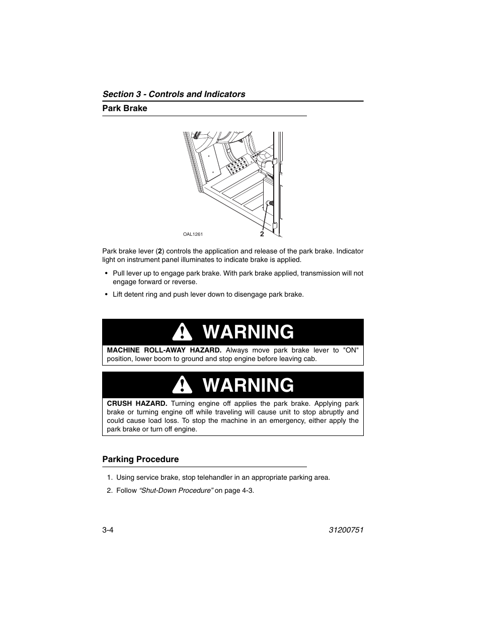 Park brake, Parking procedure, Park brake -4 parking procedure -4 | Warning | Deutz-Fahr Agrovector 25.5 User Manual | Page 40 / 144