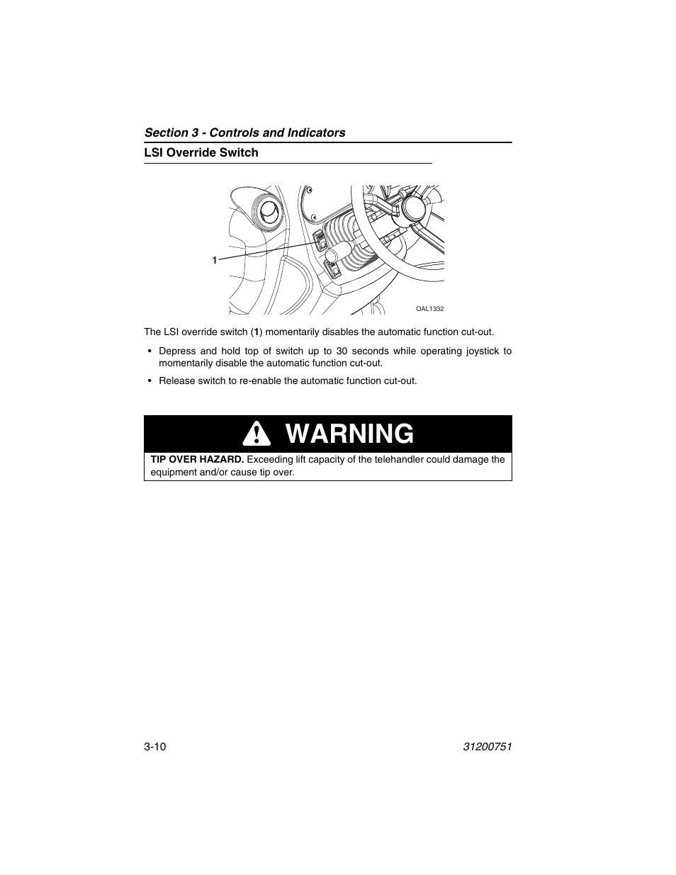 Lsi override switch, Lsi override switch -10, Warning | Deutz-Fahr Agrovector 25.5 User Manual | Page 46 / 144