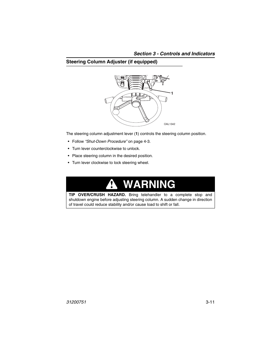 Steering column adjuster (if equipped), Steering column adjuster (if equipped) -11, Warning | Deutz-Fahr Agrovector 25.5 User Manual | Page 47 / 144