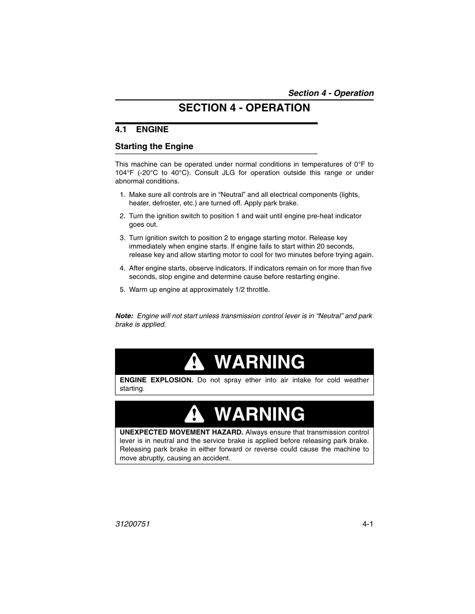 Section 4 - operation, 1 engine, Starting the engine | 1 engine -1, Starting the engine -1, Warning | Deutz-Fahr Agrovector 25.5 User Manual | Page 61 / 144