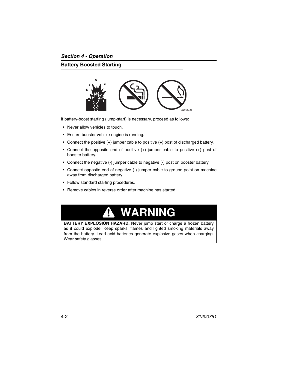 Battery boosted starting, Battery boosted starting -2, Warning | Deutz-Fahr Agrovector 25.5 User Manual | Page 62 / 144