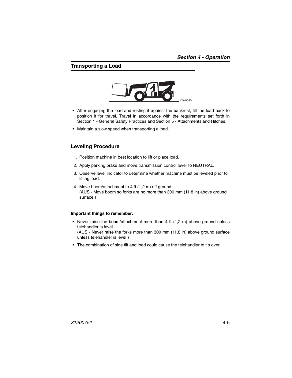 Transporting a load, Leveling procedure, Transporting a load -5 leveling procedure -5 | Deutz-Fahr Agrovector 25.5 User Manual | Page 65 / 144