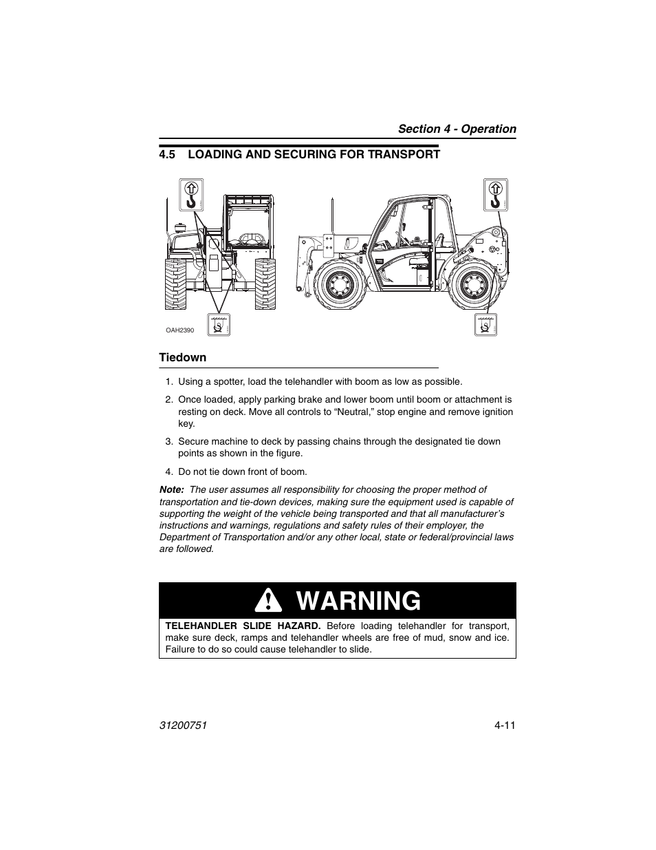 5 loading and securing for transport, Tiedown, 5 loading and securing for transport -11 | Tiedown -11, Warning, 5 loading and securing for transport tiedown | Deutz-Fahr Agrovector 25.5 User Manual | Page 71 / 144