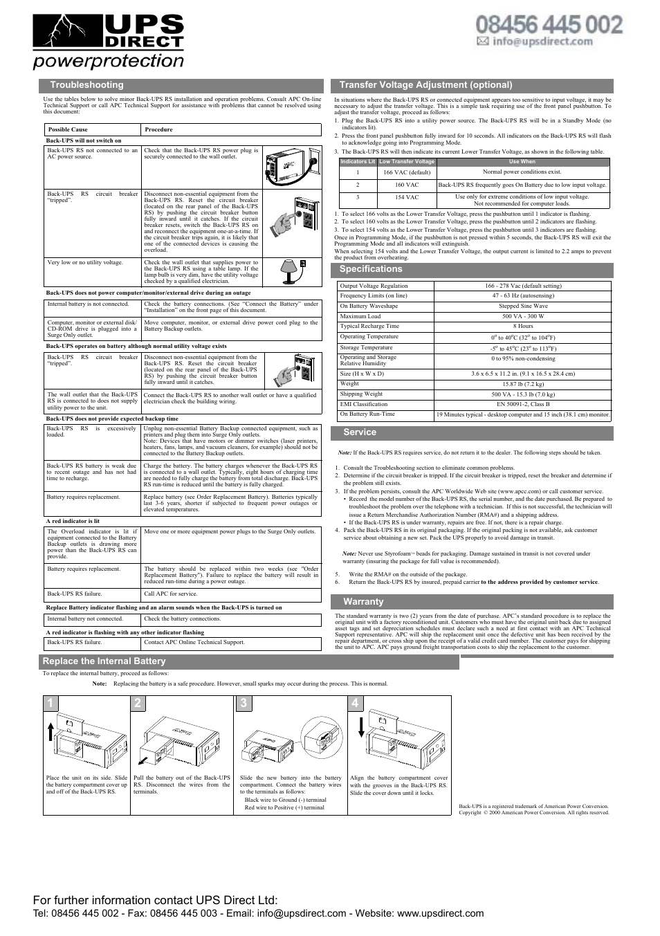 For further information contact ups direct ltd, Service, Apc contact information | Troubleshooting, Specifications, Transfer voltage adjustment (optional), Warranty replace the internal battery | APC RS 500 User Manual | Page 2 / 2