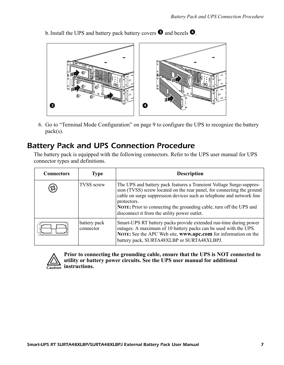 Battery pack and ups connection procedure | APC Smart-UPS URTA48XLBPJ User Manual | Page 7 / 12
