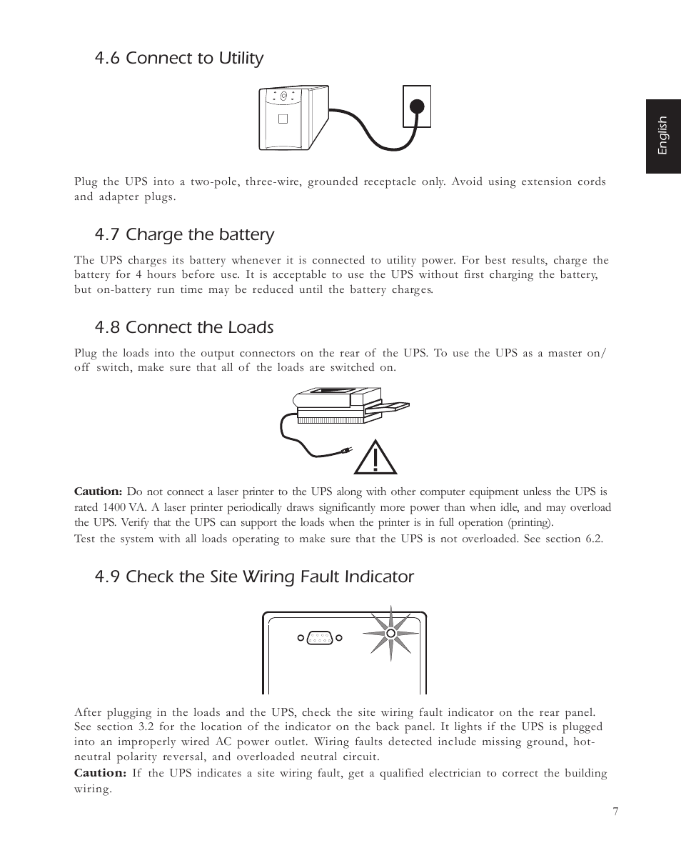 6 connect to utility, 7 charge the battery, 8 connect the loads | 9 check the site wiring fault indicator | APC 650 User Manual | Page 11 / 66