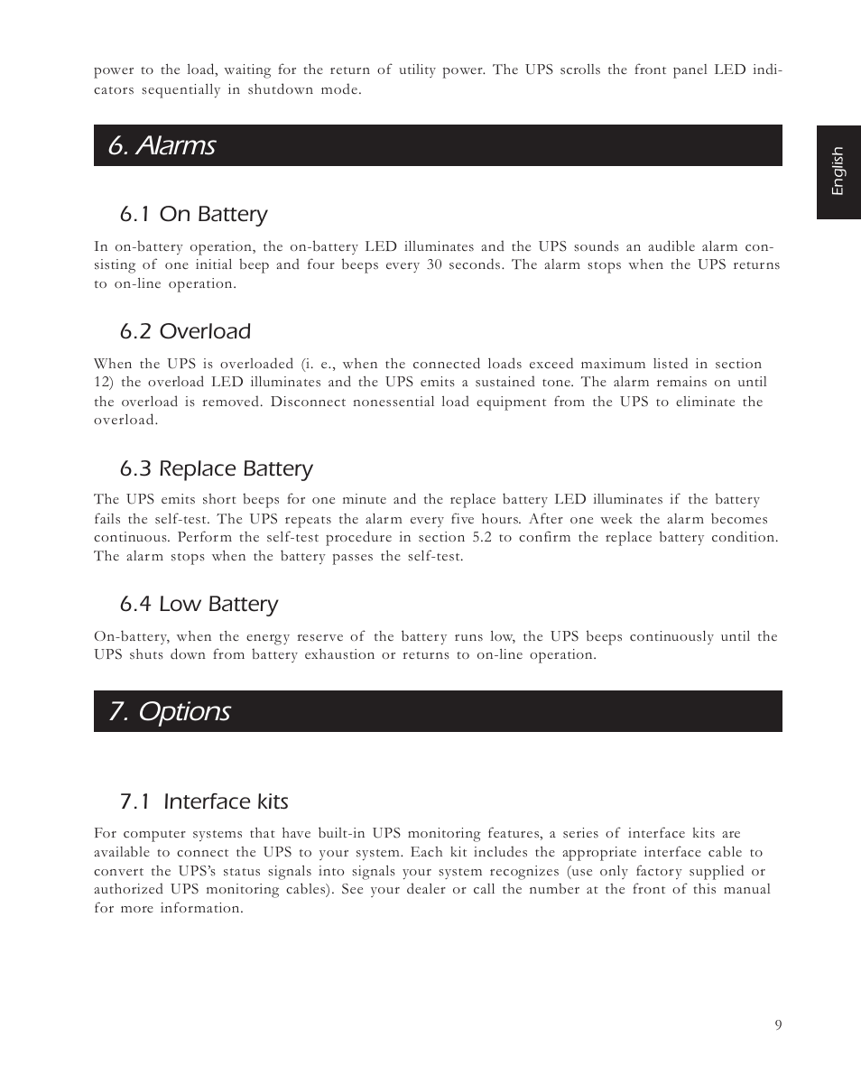 Alarms, Options, 1 on battery | 2 overload, 3 replace battery, 4 low battery, 1 interface kits | APC 650 User Manual | Page 13 / 66