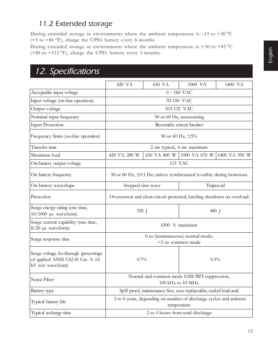 Specifications, 2 extended storage | APC 650 User Manual | Page 19 / 66