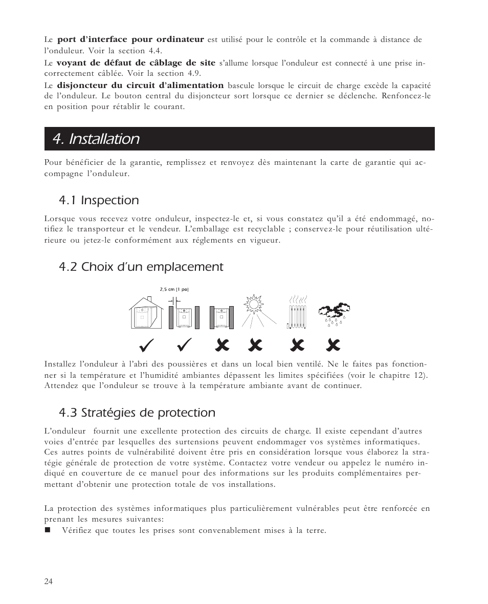 Installation, 1 inspection, 2 choix d’un emplacement | 3 stratégies de protection | APC 650 User Manual | Page 28 / 66