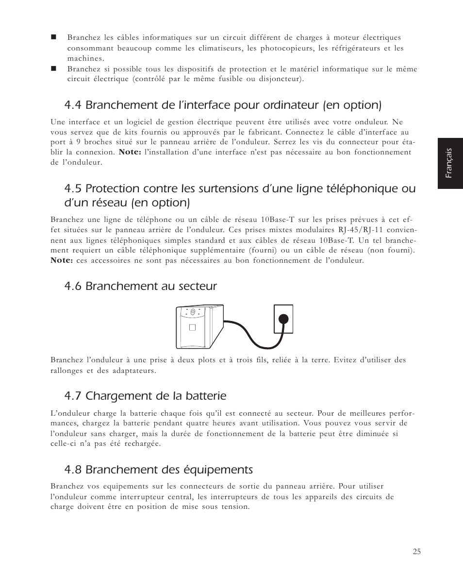 6 branchement au secteur, 7 chargement de la batterie, 8 branchement des équipements | APC 650 User Manual | Page 29 / 66