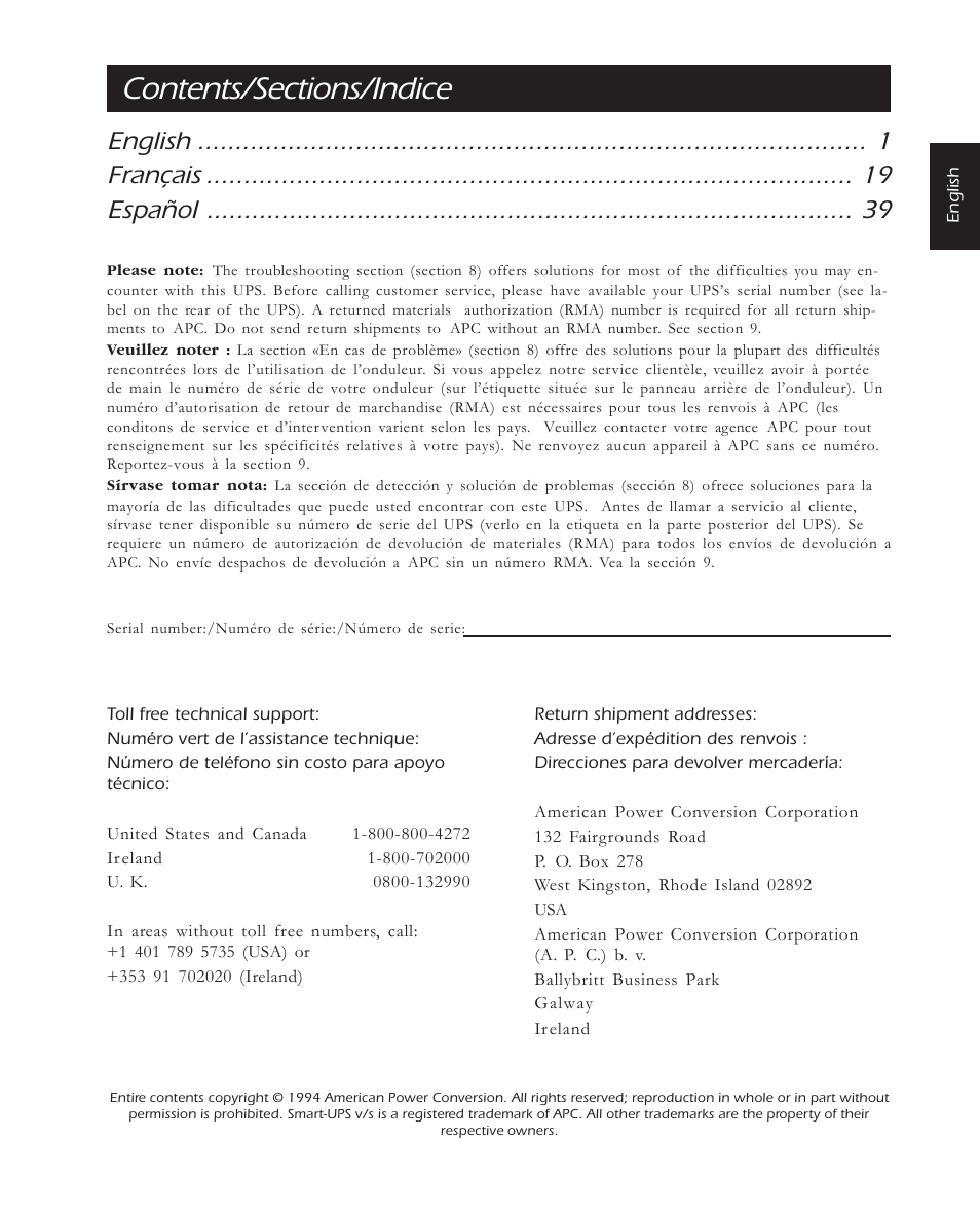 English français español | APC 650 User Manual | Page 3 / 66