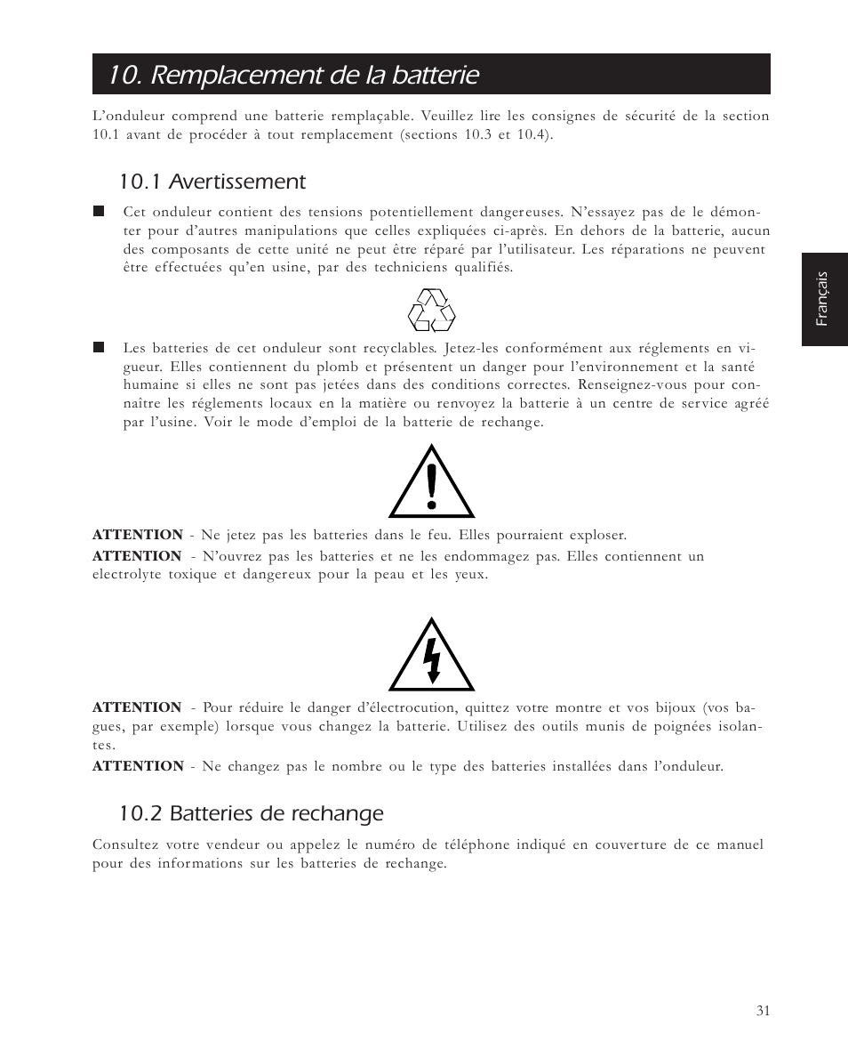 Remplacement de la batterie, 1 avertissement, 2 batteries de rechange | APC 650 User Manual | Page 35 / 66