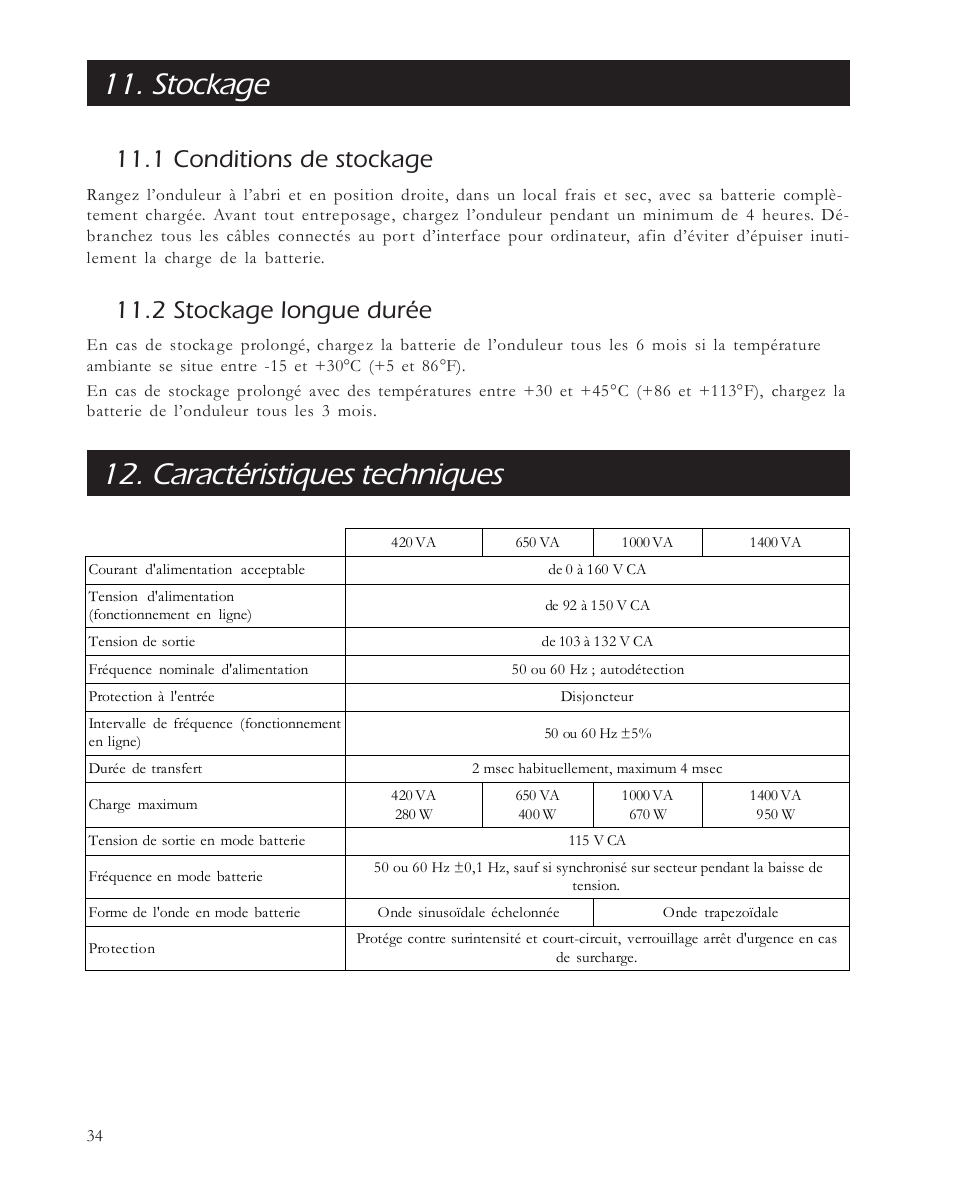 Stockage, Caractéristiques techniques, 1 conditions de stockage | 2 stockage longue durée | APC 650 User Manual | Page 38 / 66