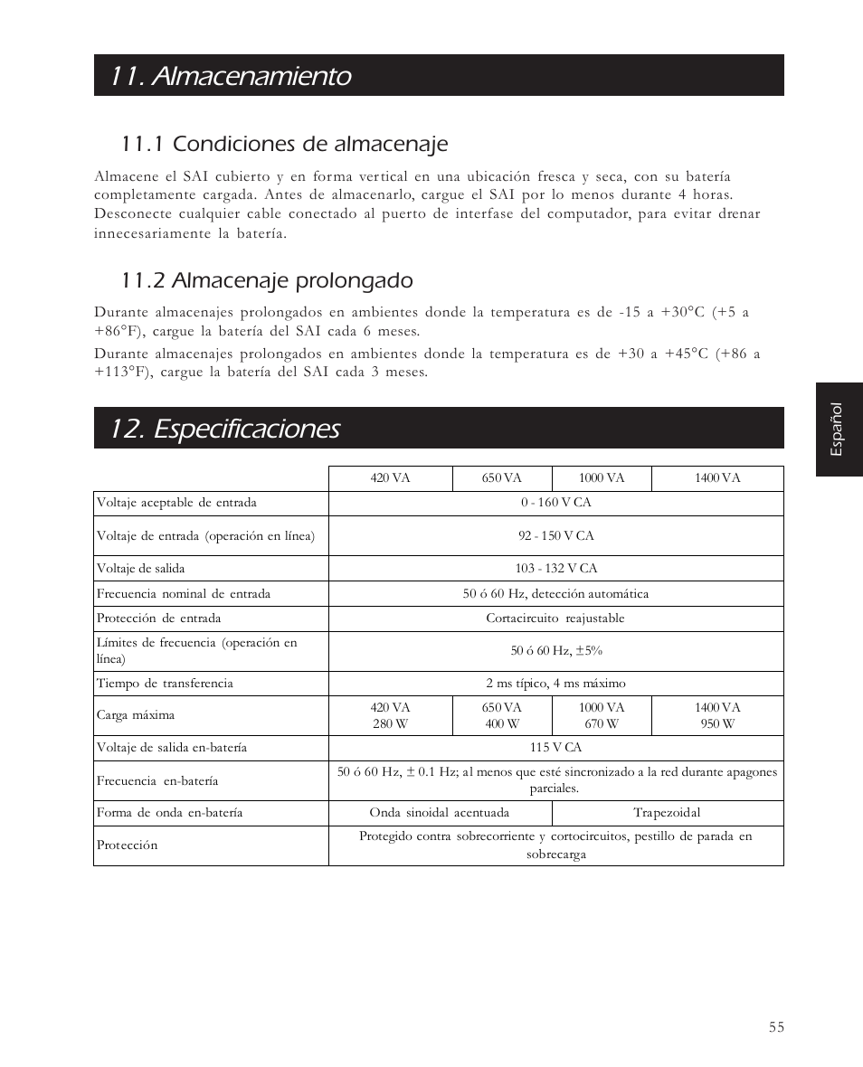 Almacenamiento, Especificaciones, 1 condiciones de almacenaje | 2 almacenaje prolongado | APC 650 User Manual | Page 59 / 66