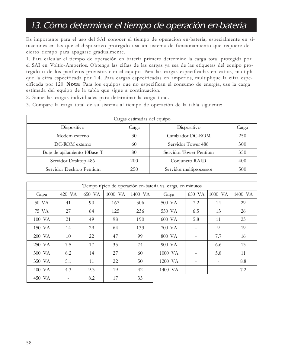 Cómo determinar el tiempo de operación en-batería | APC 650 User Manual | Page 62 / 66