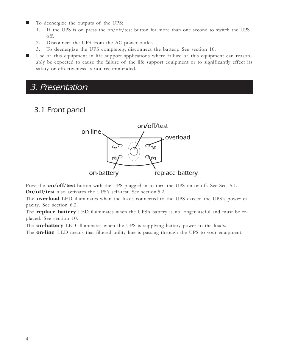 Presentation, 1 front panel | APC 650 User Manual | Page 8 / 66