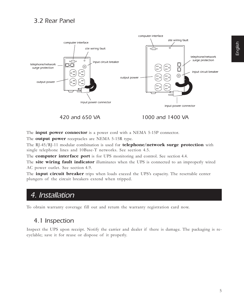 Installation, 2 rear panel, 1 inspection | APC 650 User Manual | Page 9 / 66