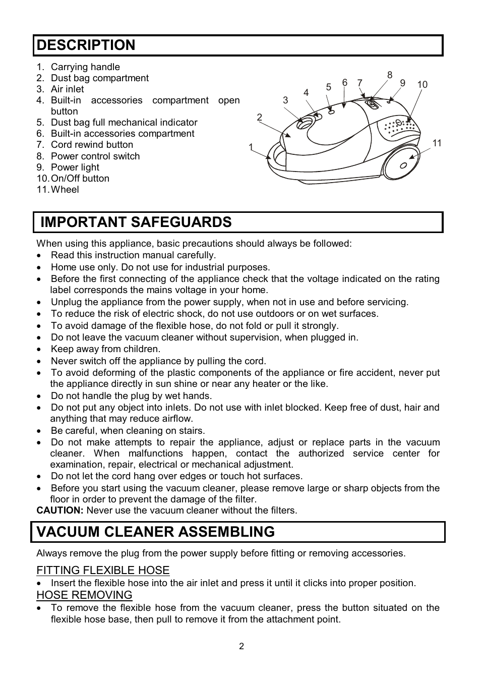 Description, Important safeguards, Vacuum cleaner assembling | Scarlett SC-1082 User Manual | Page 2 / 7