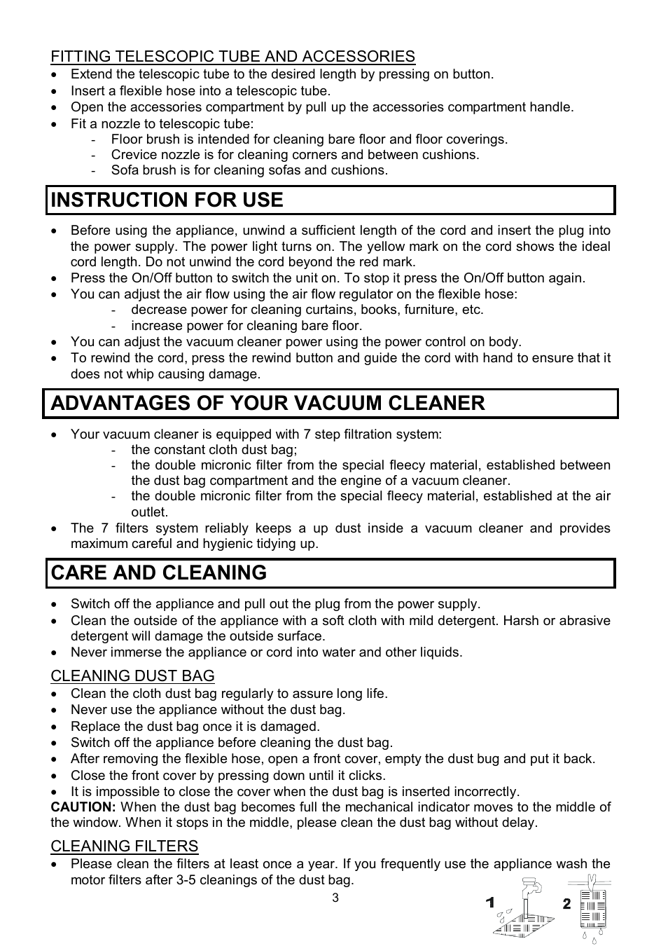 Instruction for use, Advantages of your vacuum cleaner, Care and cleaning | Scarlett SC-1082 User Manual | Page 3 / 7