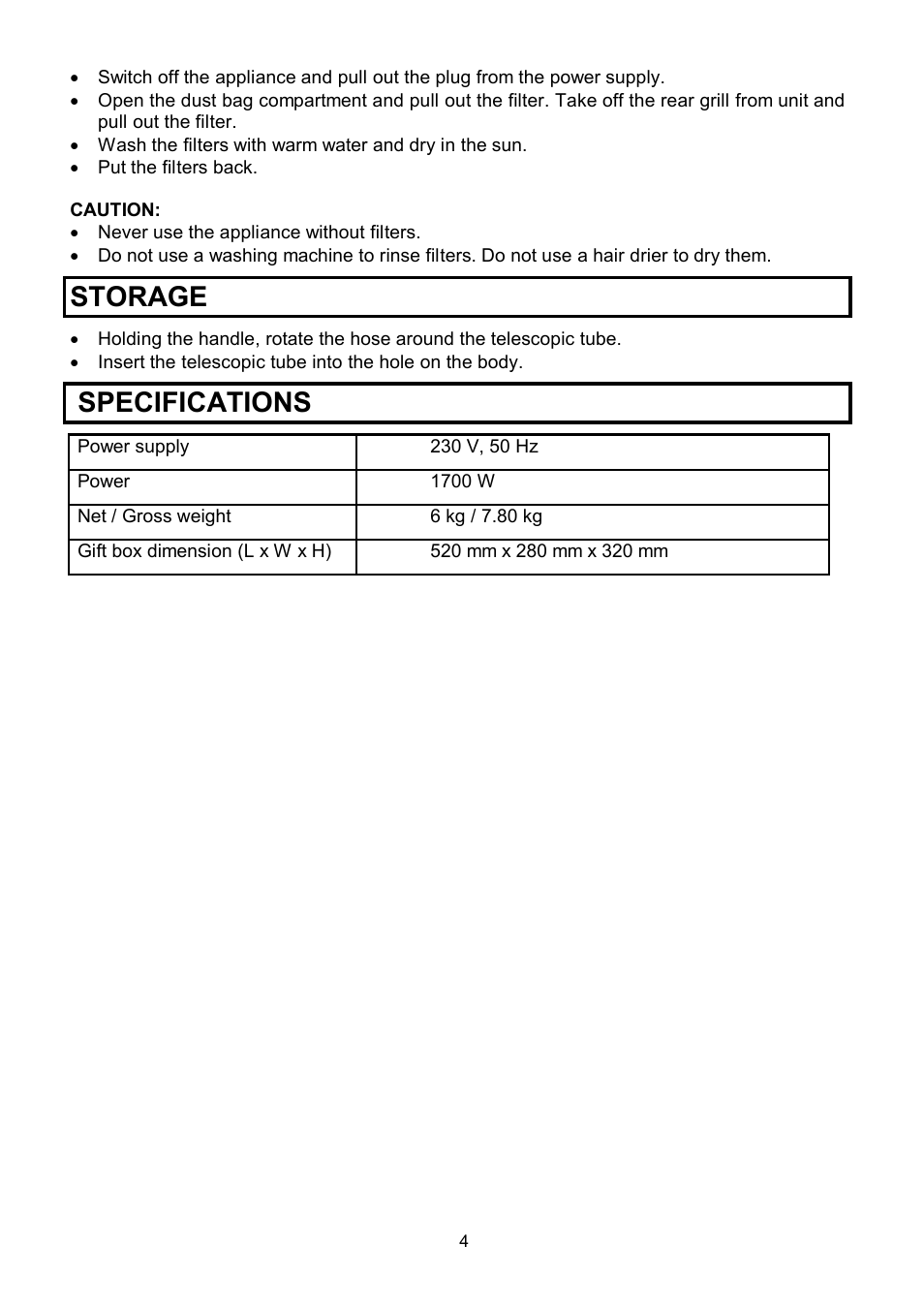 Storage, Specifications | Scarlett SC-1082 User Manual | Page 4 / 7