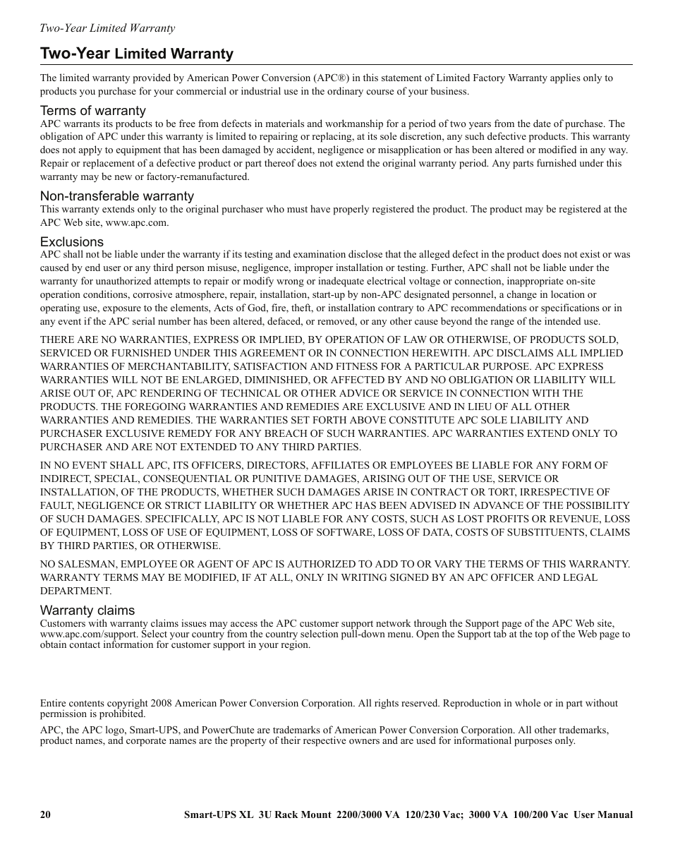 Two-year, Limited warranty | APC SMART-UPS SUA3000 User Manual | Page 20 / 22