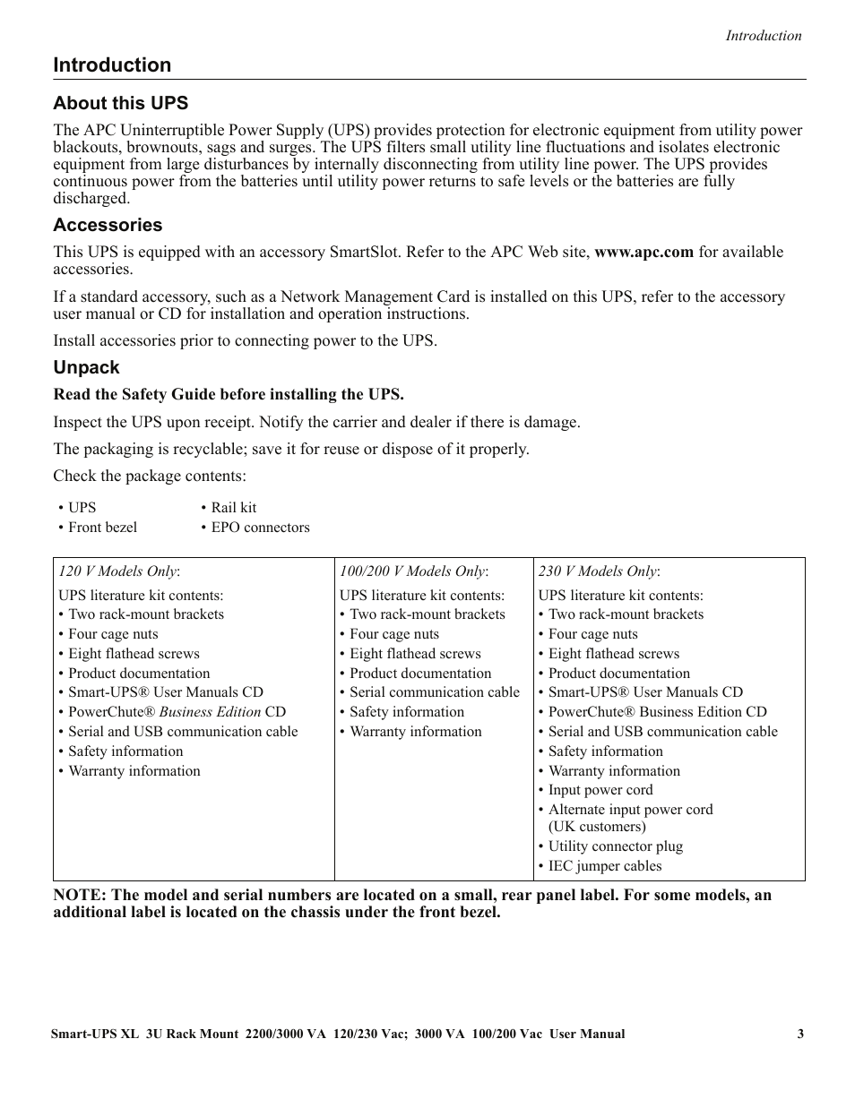 Introduction | APC SMART-UPS SUA3000 User Manual | Page 3 / 22