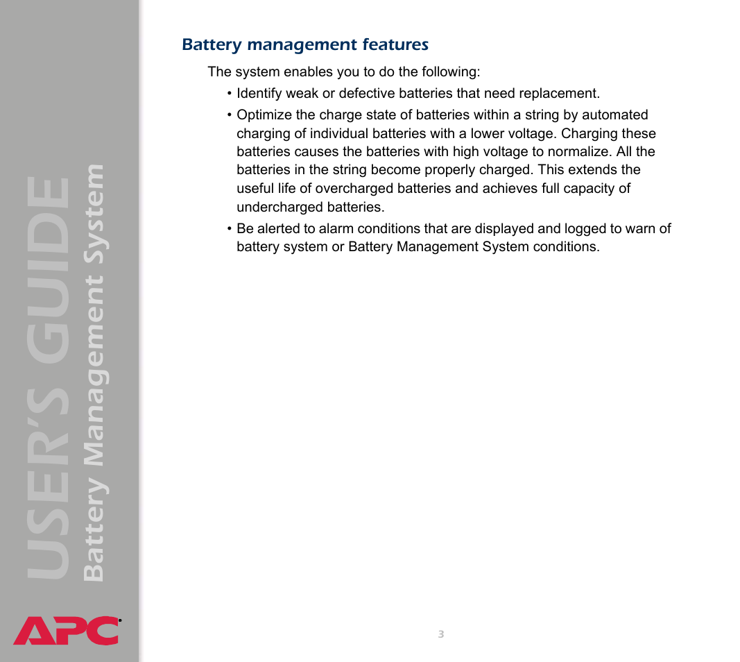 Battery management features, User’s guide, Battery management system | APC Battery Management System User Manual | Page 10 / 194