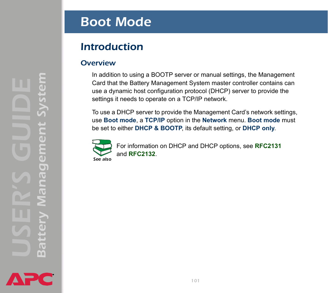 Boot mode, Introduction, Overview | User’s guide, Battery management system | APC Battery Management System User Manual | Page 108 / 194