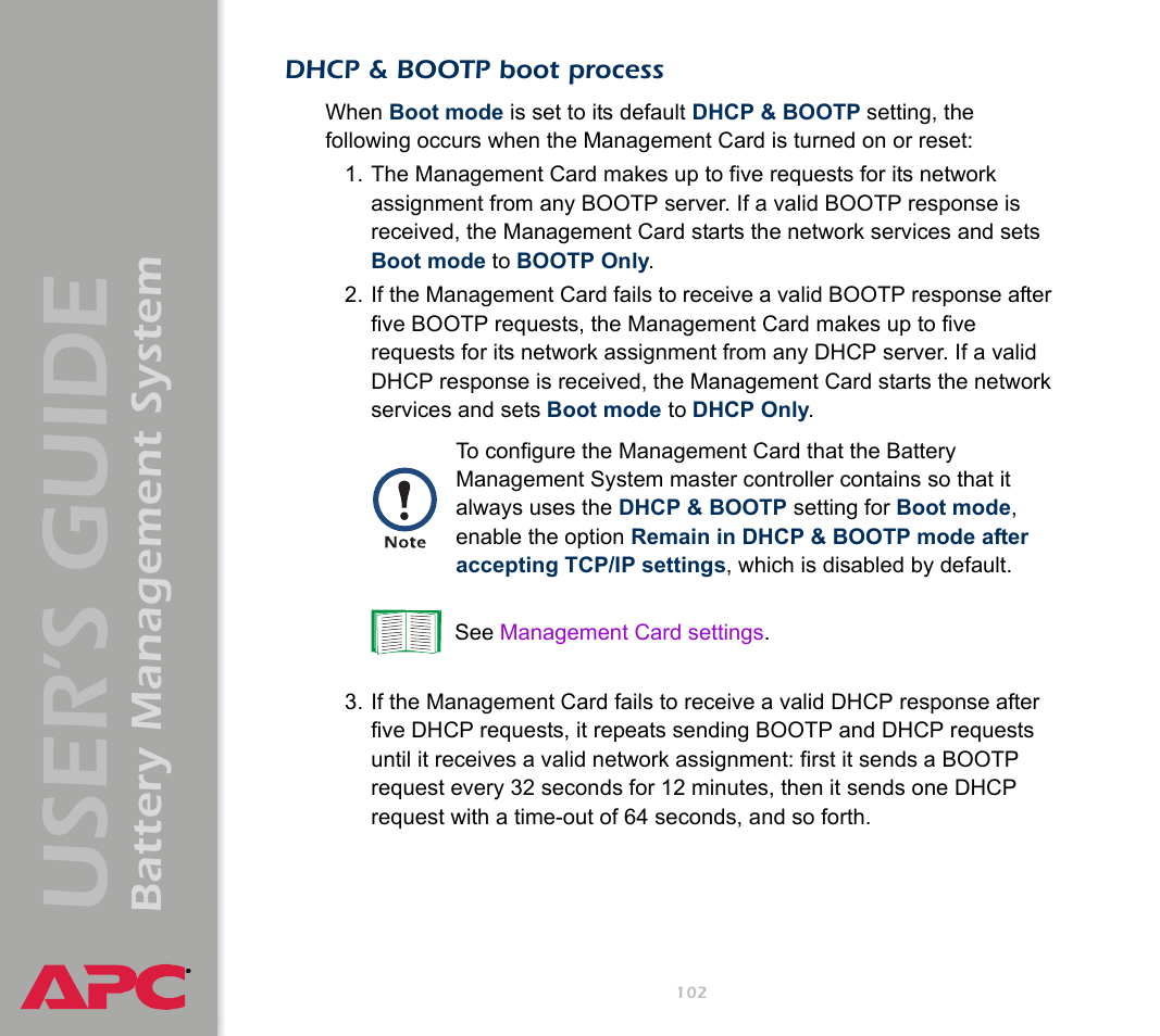 Dhcp & bootp boot process, User’s guide, Battery management system | APC Battery Management System User Manual | Page 109 / 194