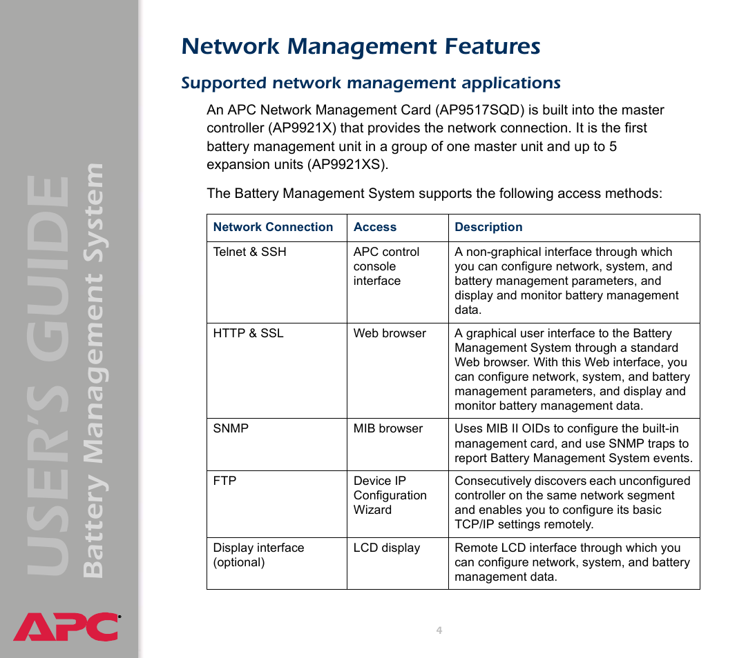 Network management features, Supported network management applications, User’s guide | Battery management system | APC Battery Management System User Manual | Page 11 / 194