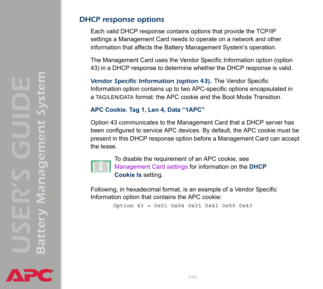 Dhcp response options, User’s guide, Battery management system | APC Battery Management System User Manual | Page 113 / 194