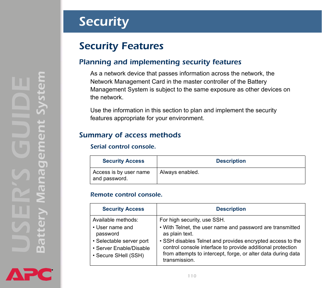 Security, Security features, Planning and implementing security features | Summary of access methods, User’s guide, Battery management system | APC Battery Management System User Manual | Page 117 / 194