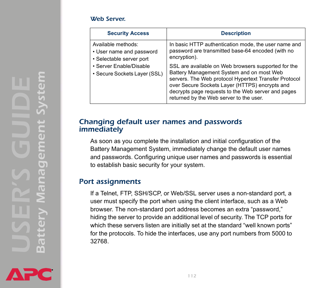 Port assignments, Changing default user names and passwords, Immediately | User’s guide, Battery management system | APC Battery Management System User Manual | Page 119 / 194