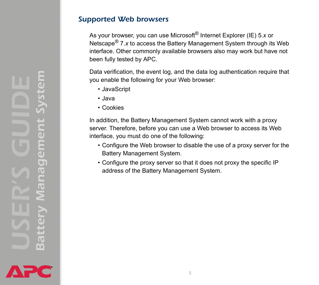 Supported web browsers, User’s guide, Battery management system | APC Battery Management System User Manual | Page 12 / 194