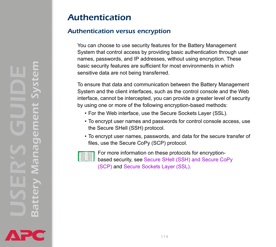 Authentication, Authentication versus encryption, User’s guide | Battery management system | APC Battery Management System User Manual | Page 121 / 194