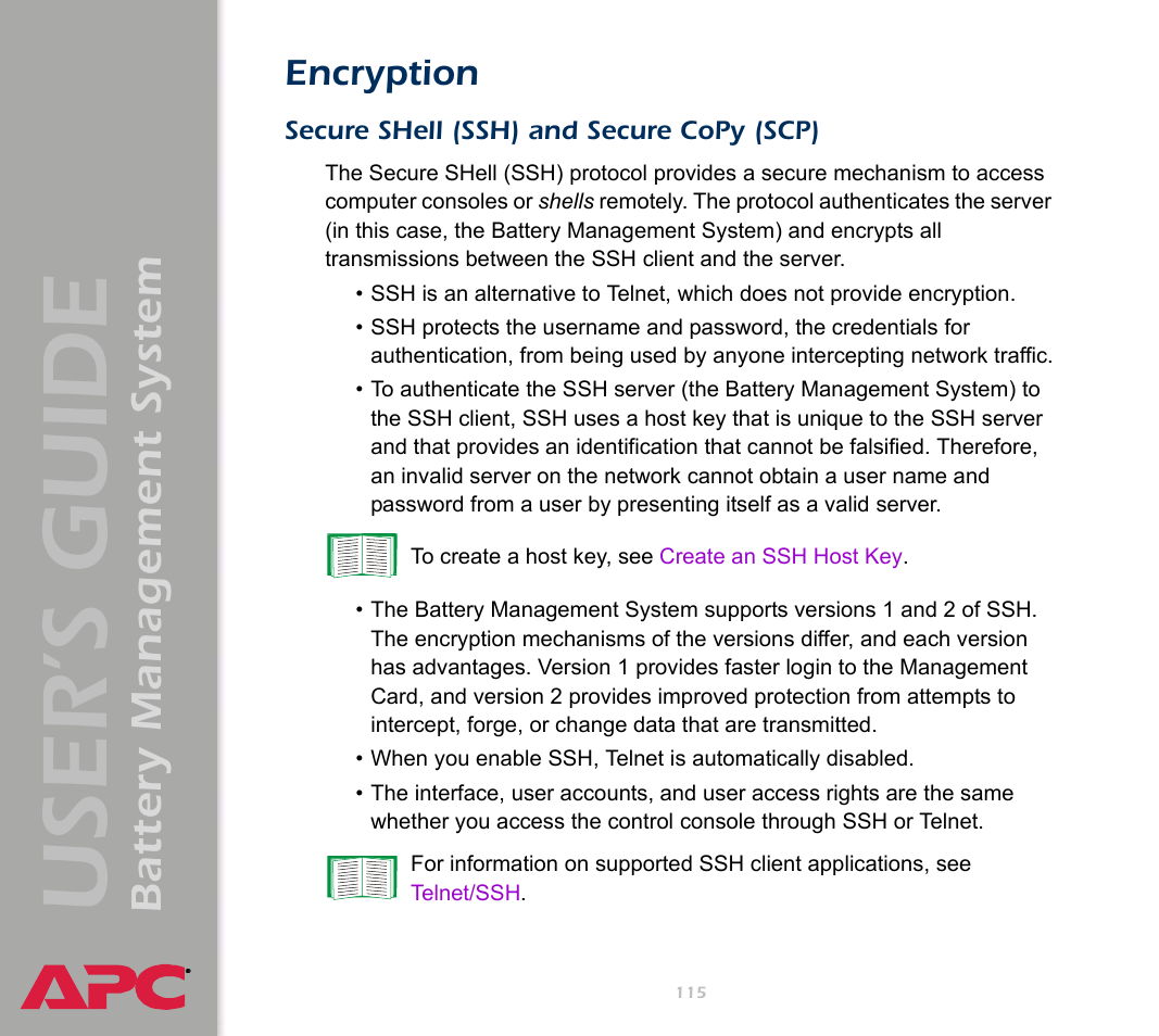 Encryption, Secure shell (ssh) and secure copy (scp), Secure shell (ssh) and secure copy | Scp), User’s guide, Battery management system | APC Battery Management System User Manual | Page 122 / 194
