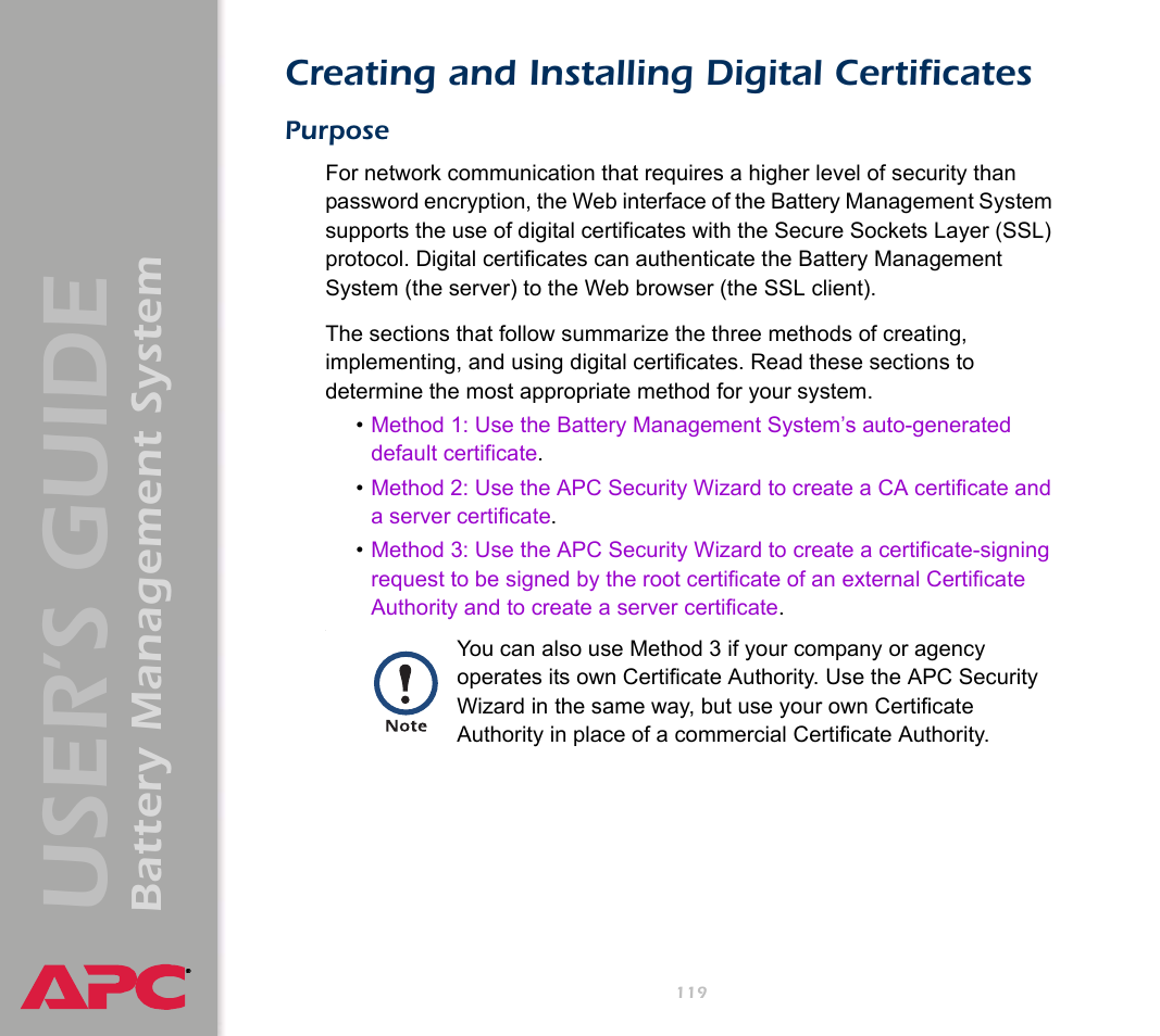 Creating and installing digital certificates, Purpose, User’s guide | Battery management system | APC Battery Management System User Manual | Page 126 / 194