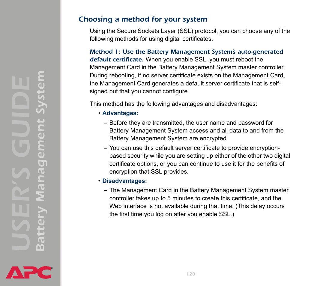 Choosing a method for your system, Method 1: use the battery management, System’s auto-generated default certificate | User’s guide, Battery management system | APC Battery Management System User Manual | Page 127 / 194