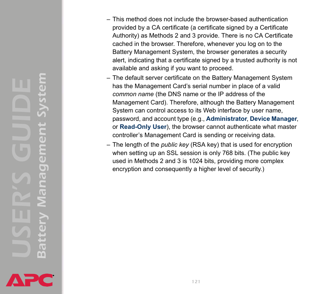 User’s guide, Battery management system | APC Battery Management System User Manual | Page 128 / 194