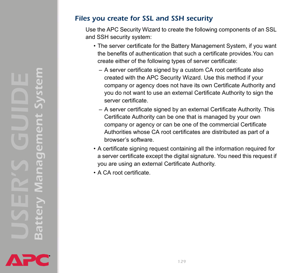 Files you create for ssl and ssh security, User’s guide, Battery management system | APC Battery Management System User Manual | Page 136 / 194