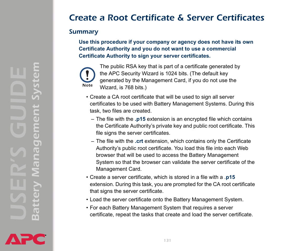 Create a root certificate & server certificates, Summary, User’s guide | Battery management system | APC Battery Management System User Manual | Page 138 / 194