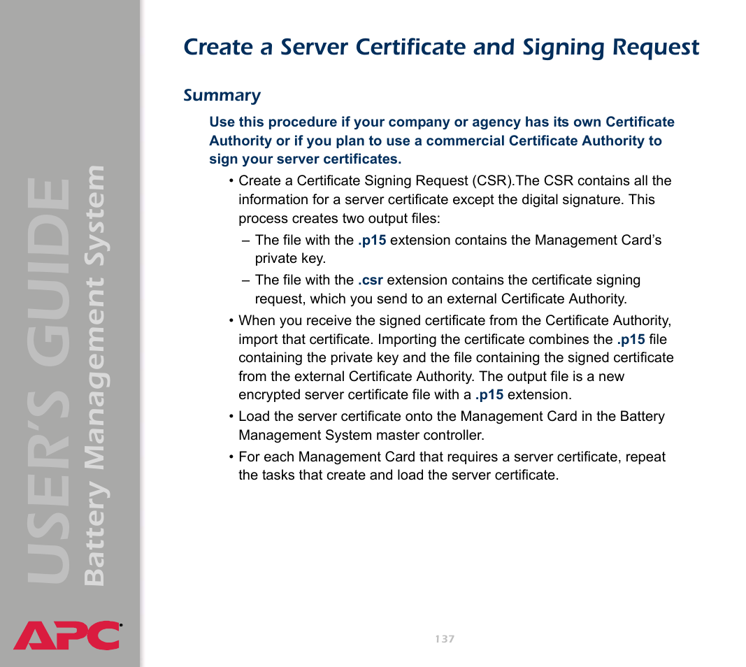 Create a server certificate and signing request, Summary, User’s guide | Battery management system | APC Battery Management System User Manual | Page 144 / 194
