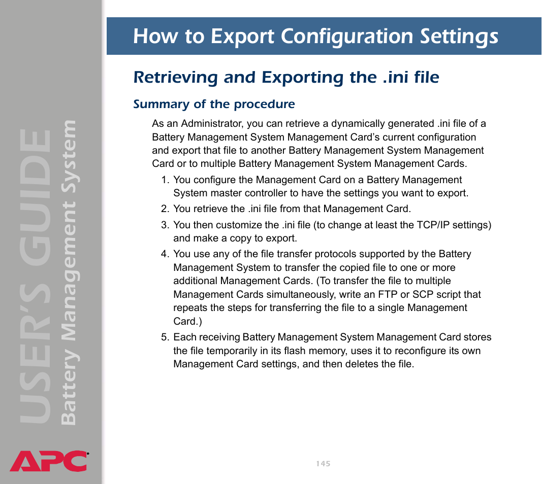 How to export configuration settings, Retrieving and exporting the .ini file, Summary of the procedure | User’s guide, Battery management system | APC Battery Management System User Manual | Page 152 / 194