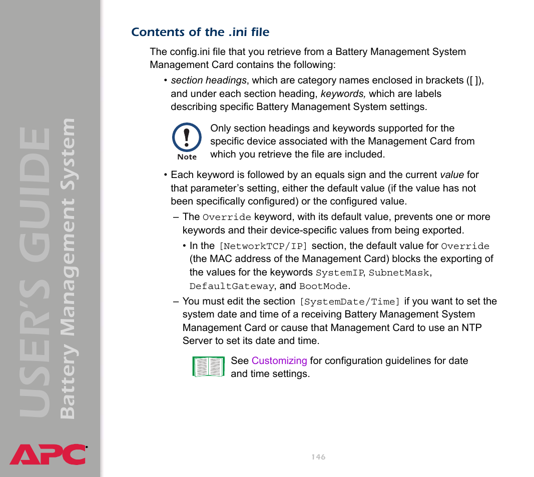 Contents of the .ini file, User’s guide, Battery management system | APC Battery Management System User Manual | Page 153 / 194